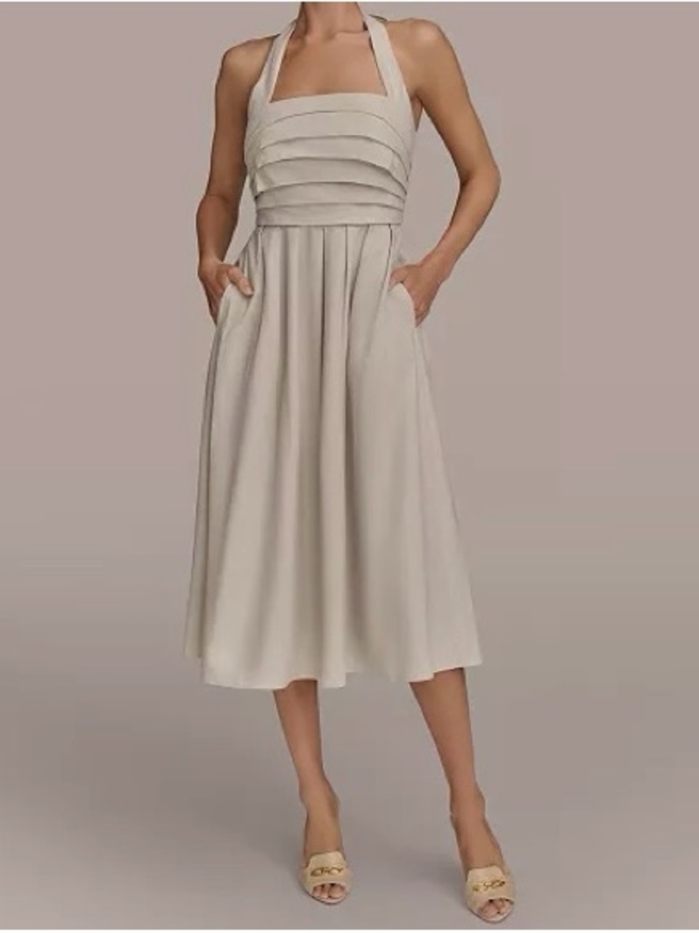 Donna Karan Cream Halter Midi Dress with Pleated Bodice